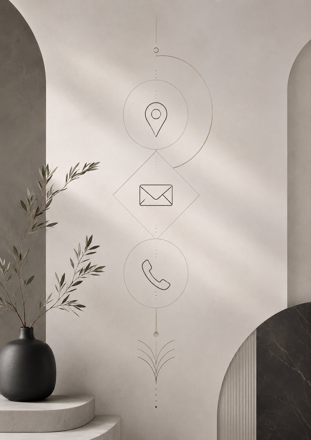 Decorative wall with digital icons for location, email, and phone, next to a potted plant on a white stand.