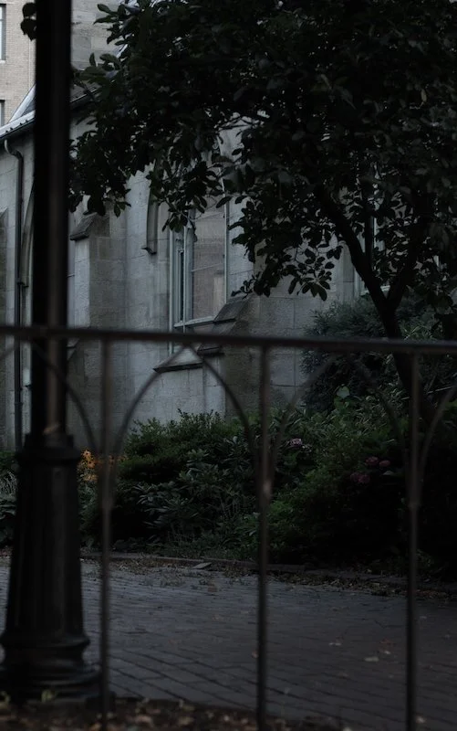 View through a metal fence showing a garden with trees and bushes, and a stone building in the background.