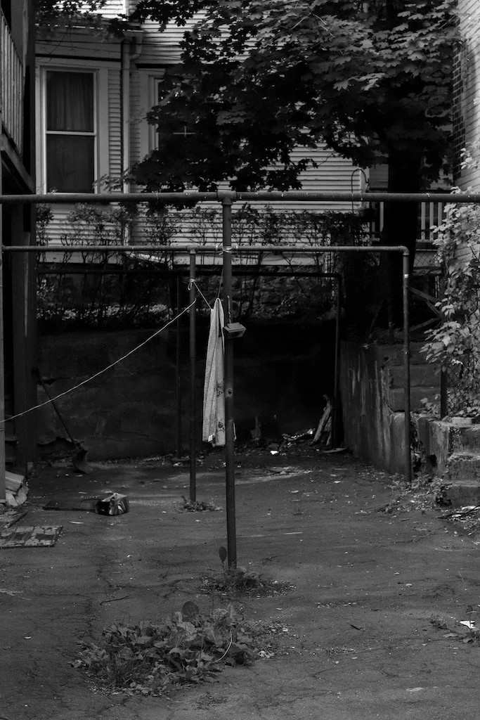 A backyard with a clothesline holding a towel and a small bucket, surrounded by a concrete floor, trees, plants, and a house with windows in the background.
