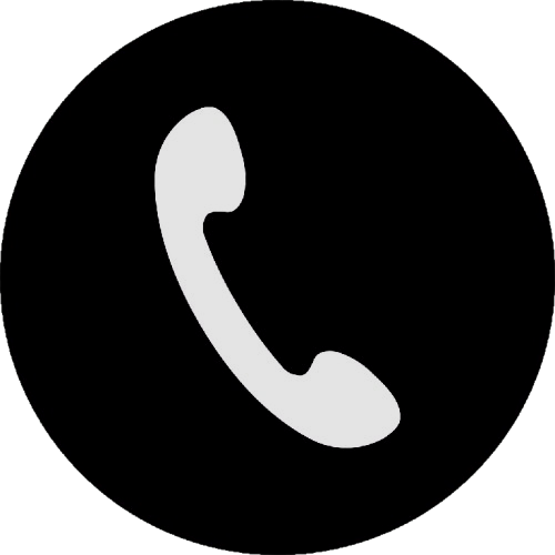Icon of a white telephone receiver on a black circular background.
