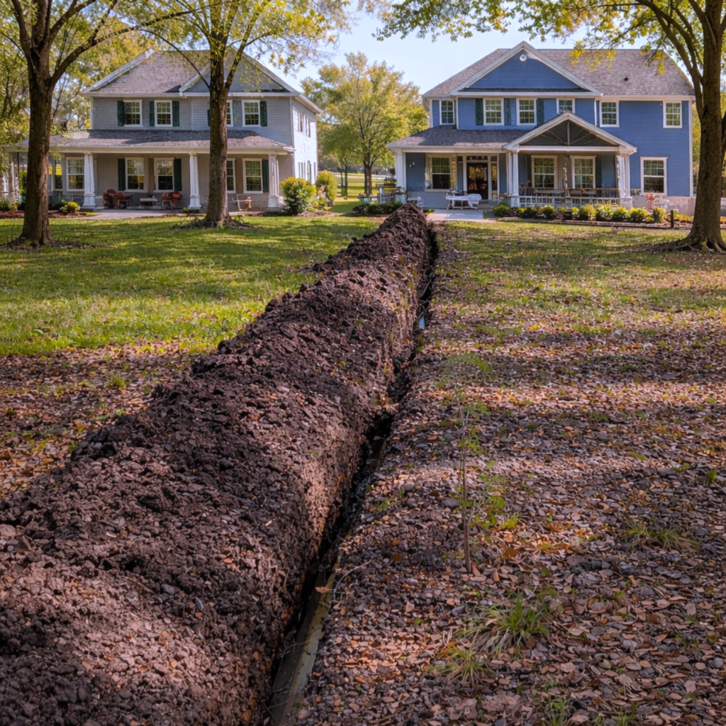 A trench filled with rocks in the yard of two large blue and white houses surrounded by trees with autumn leaves.