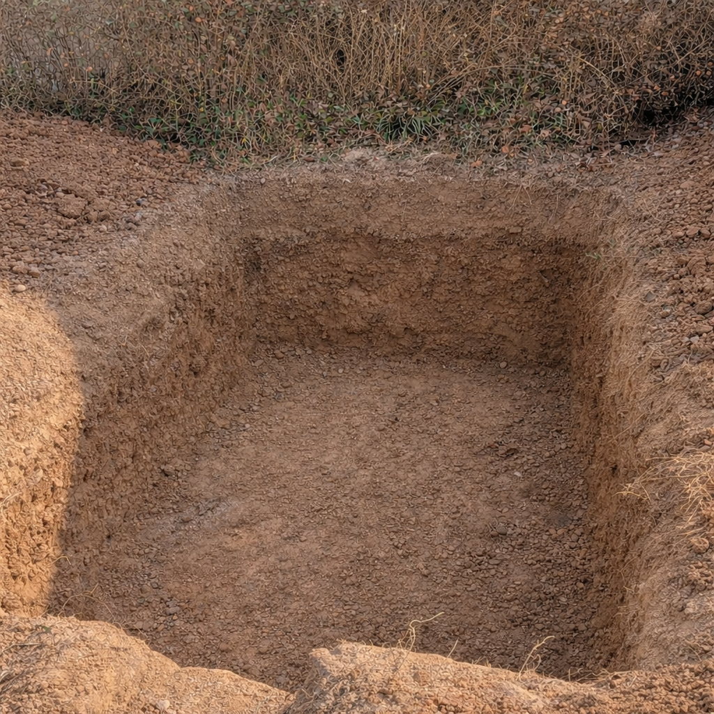 A freshly dug square hole in the dirt with dry, brown soil and some sparse vegetation in the background.