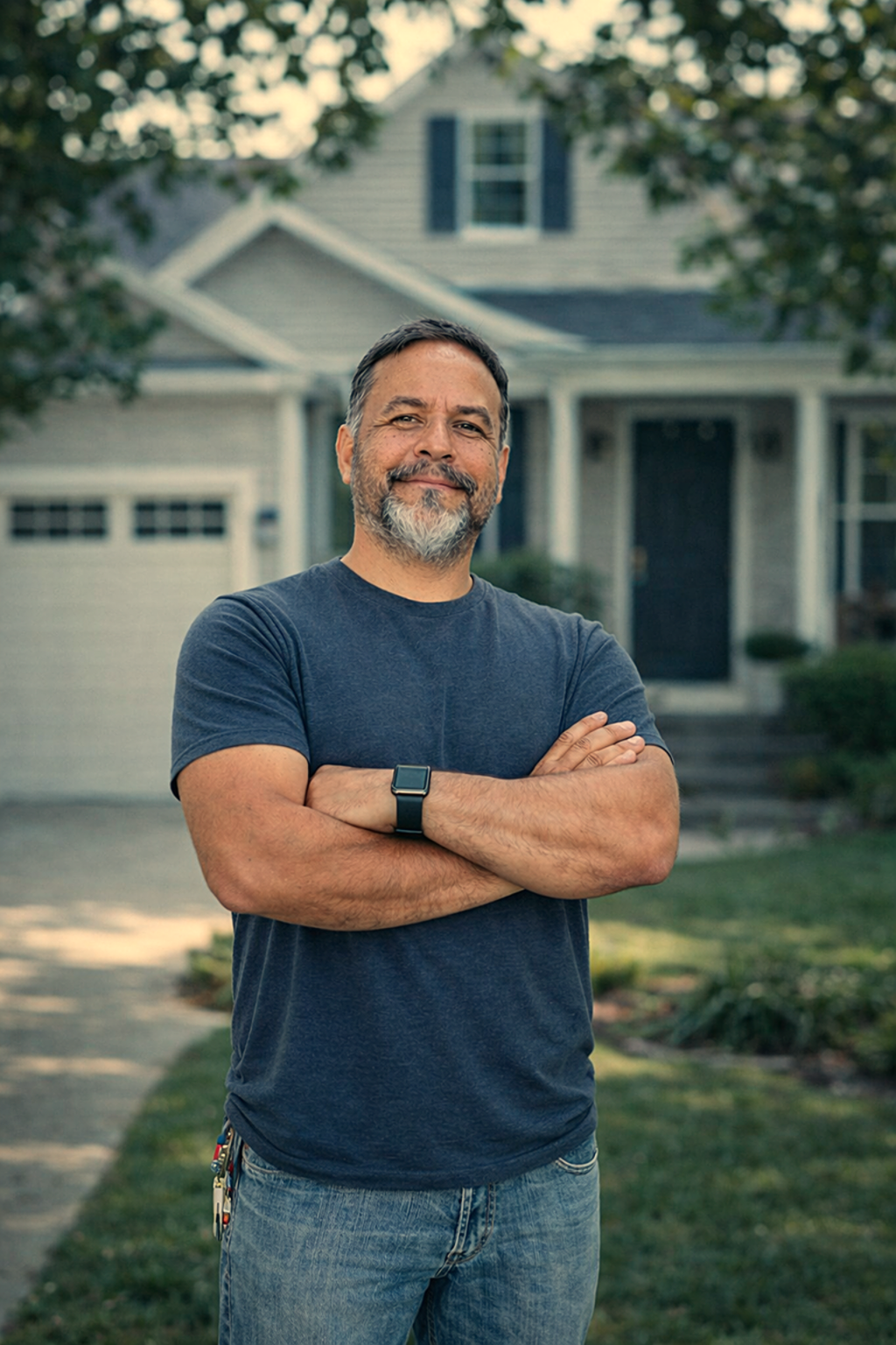 A man with a beard, wearing a navy blue t-shirt and jeans, standing outside in front of a house with his arms crossed, smiling.