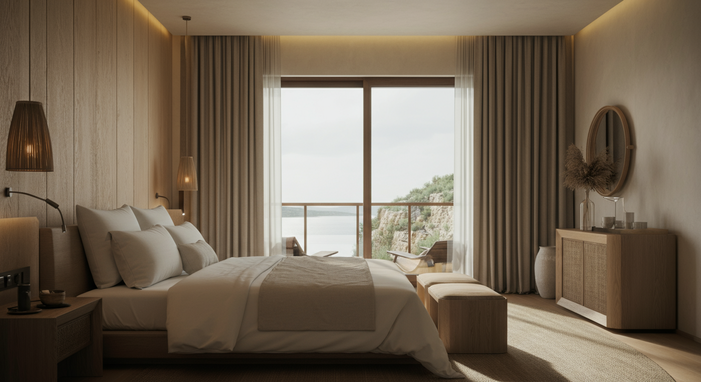 A modern bedroom with a large bed, natural wood furniture, and a view of water and rocks outside through glass sliding doors.