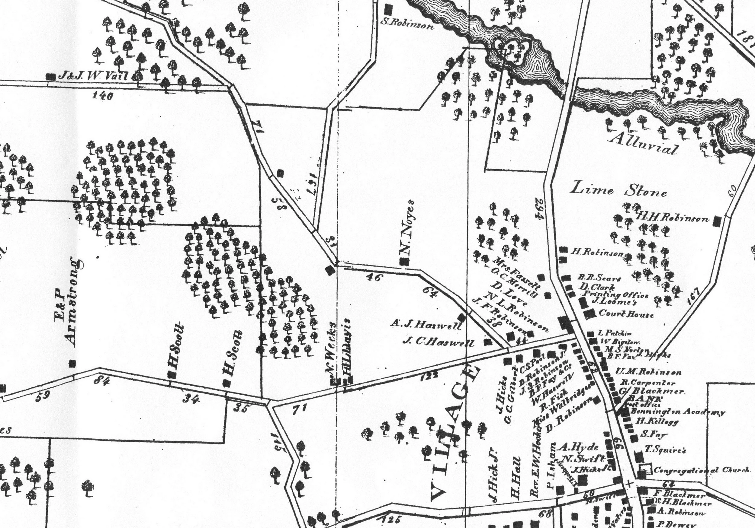 A historical black-and-white map showing land plots, roads, trees, a creek, and various buildings with names and numbers, likely representing a town or estate layout.