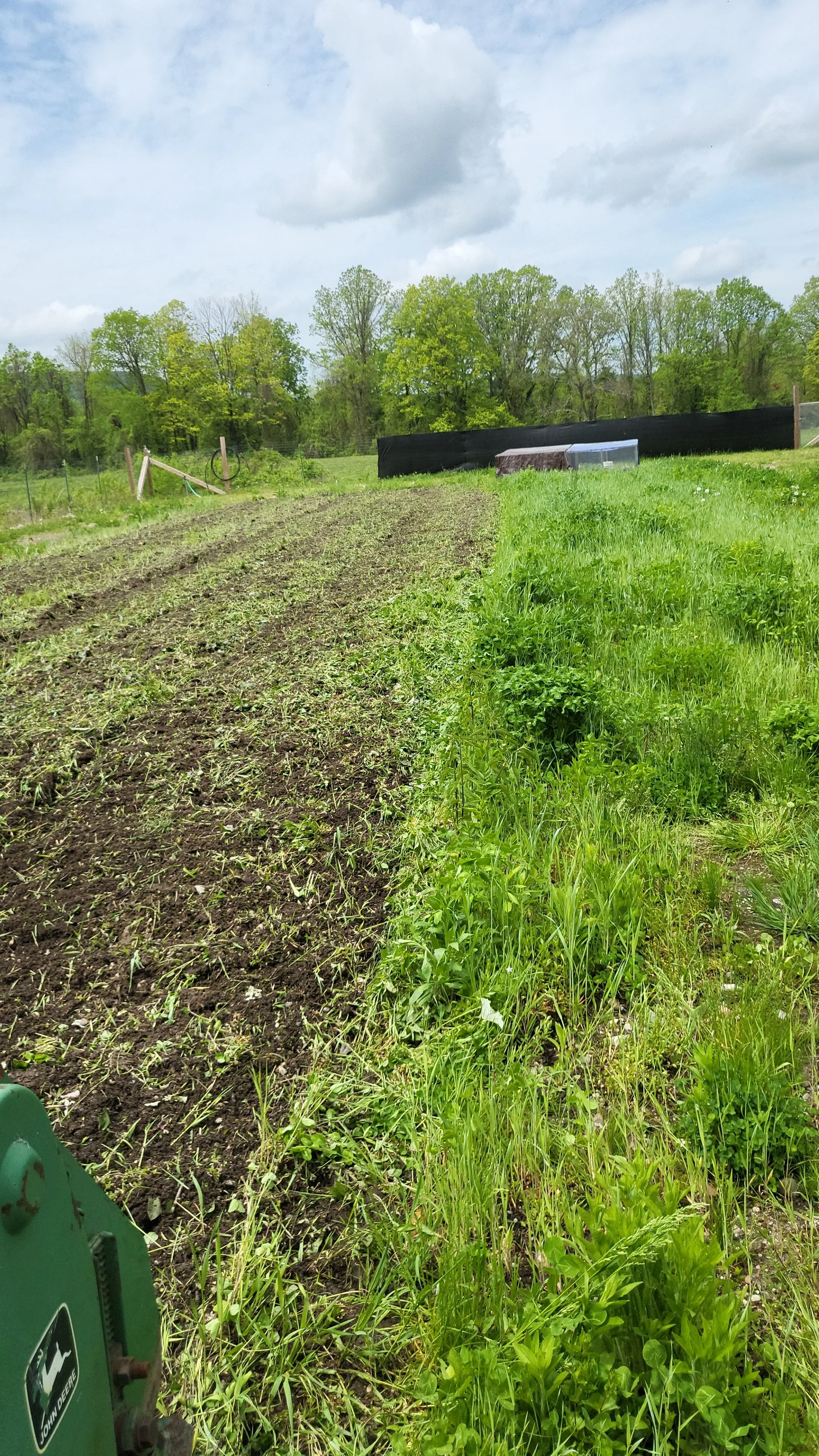 A farm field with a section of tilled soil and a section of green grass, lined by a row of trees in the background, under a partly cloudy sky.