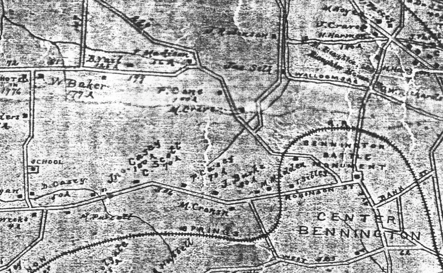 Historical map of Bennington, showing streets, landmarks, and surrounding areas with detailed handwriting and black and white print.