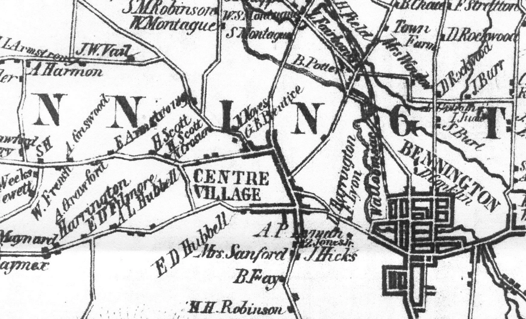 A black and white historical map showing districts, roads, and notable locations in an area, with labels including 'Centre Village,' 'N. O.,' and various names of individuals and places.
