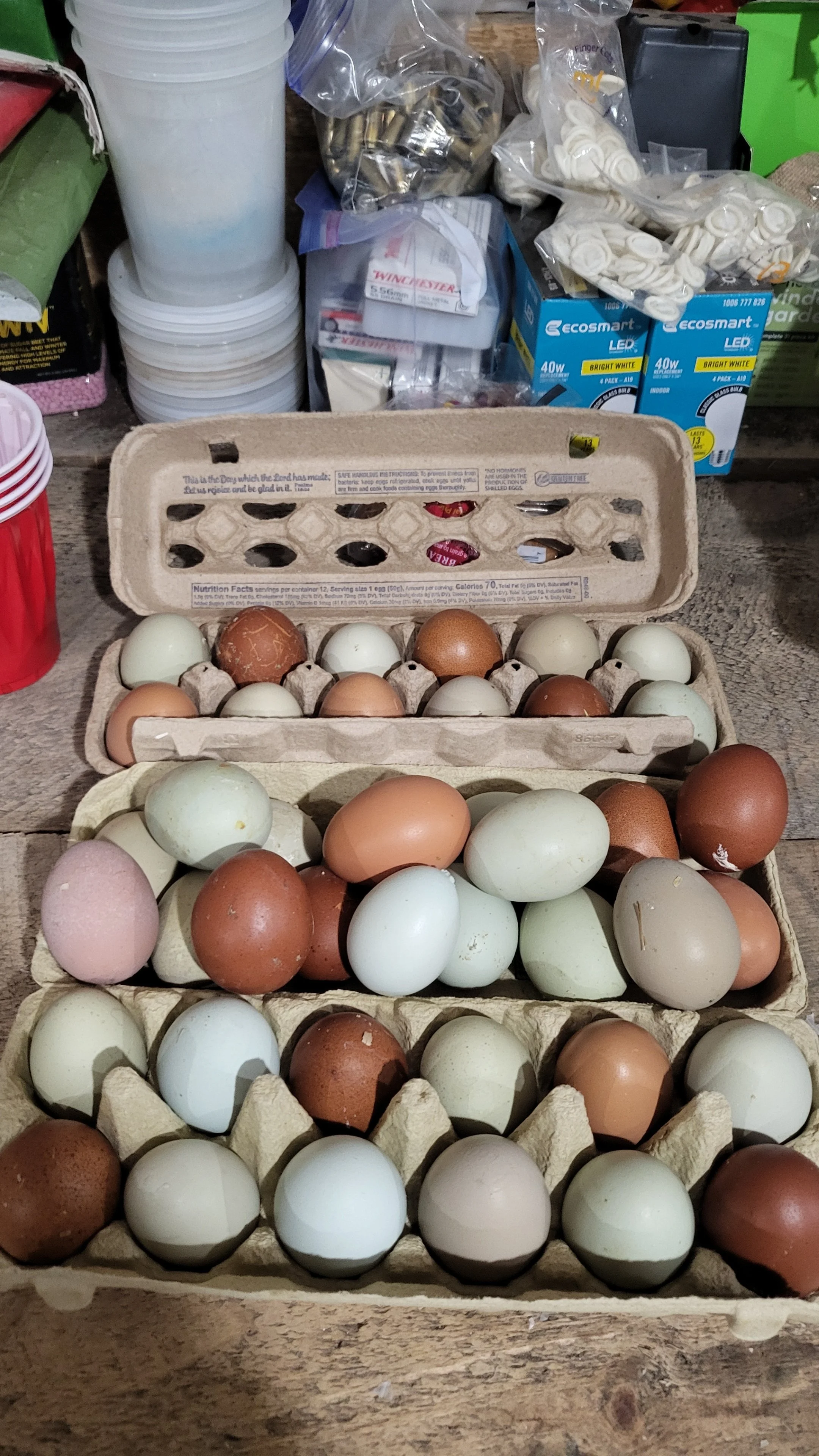 Eggs in cardboard cartons on a wooden table, with additional eggs scattered around.