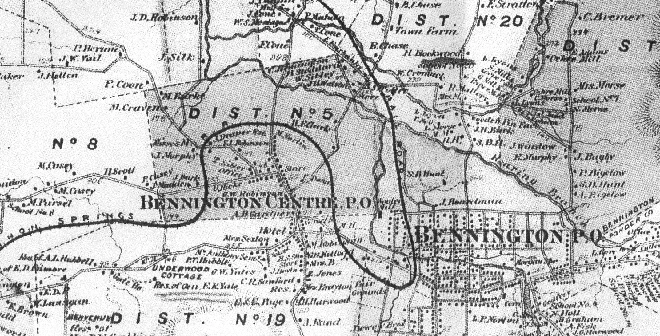 A historical black and white map showing the area around Bennington Center, with details of streets, railroads, and landmarks