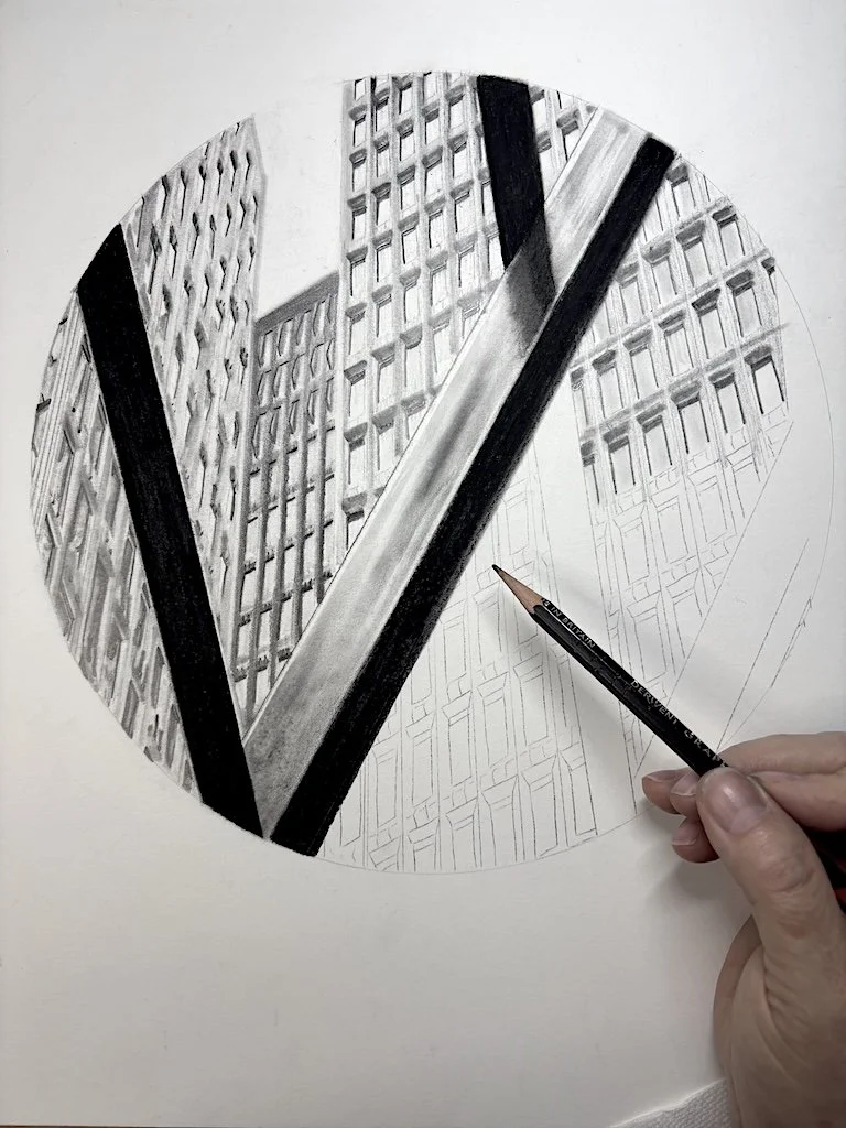 A detailed pencil drawing in progress of tall buildings with many windows, viewed from below, with some parts still sketched out and not yet shaded.