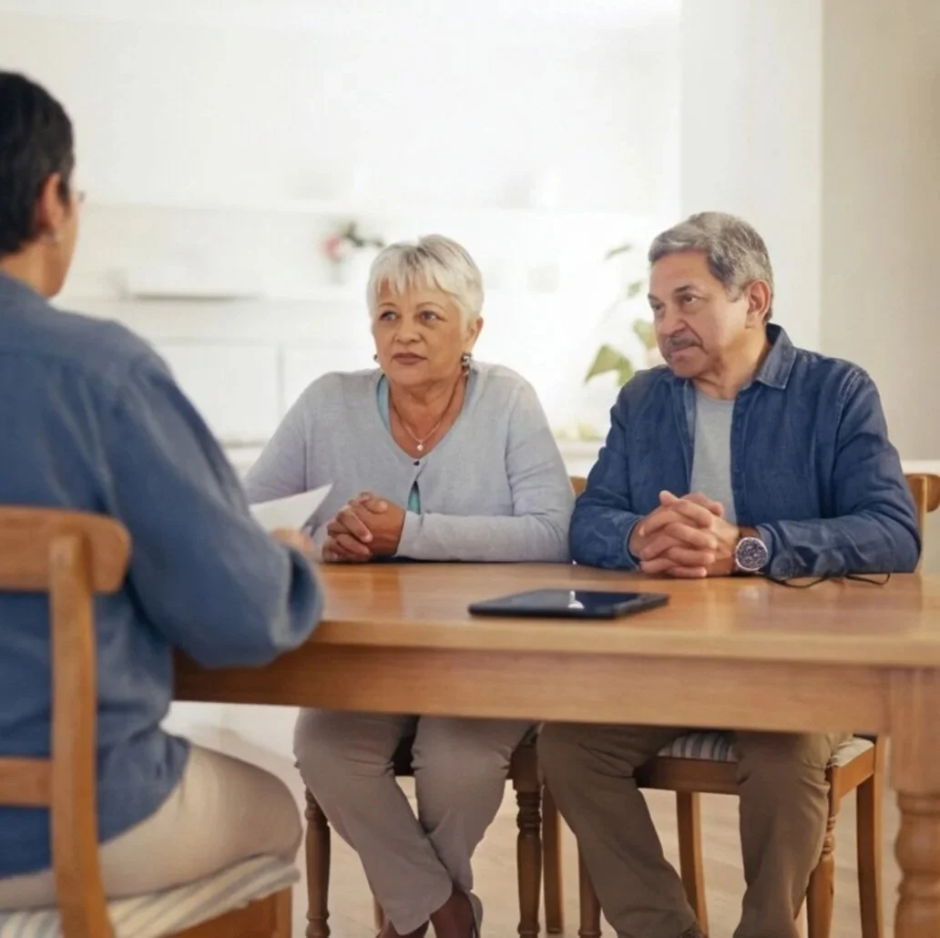 Three adults sitting at a wooden table in a well-lit room, engaged in a serious conversation, with a woman in the middle speaking. They seem to be having a meeting or discussion.
