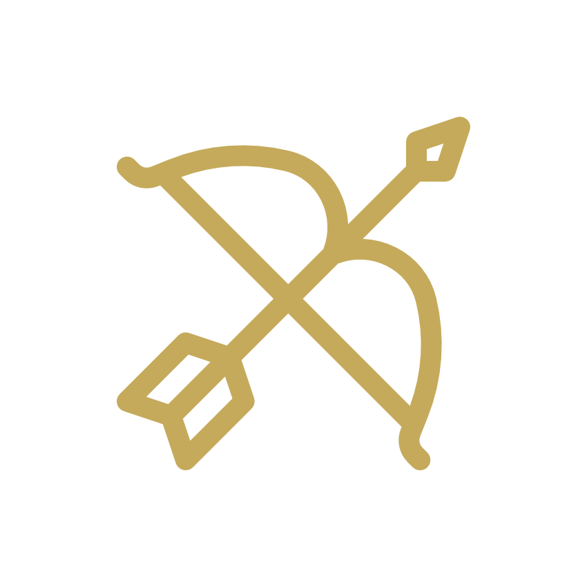 Gold outline of a bow with three arrows crossed behind it on a black background.