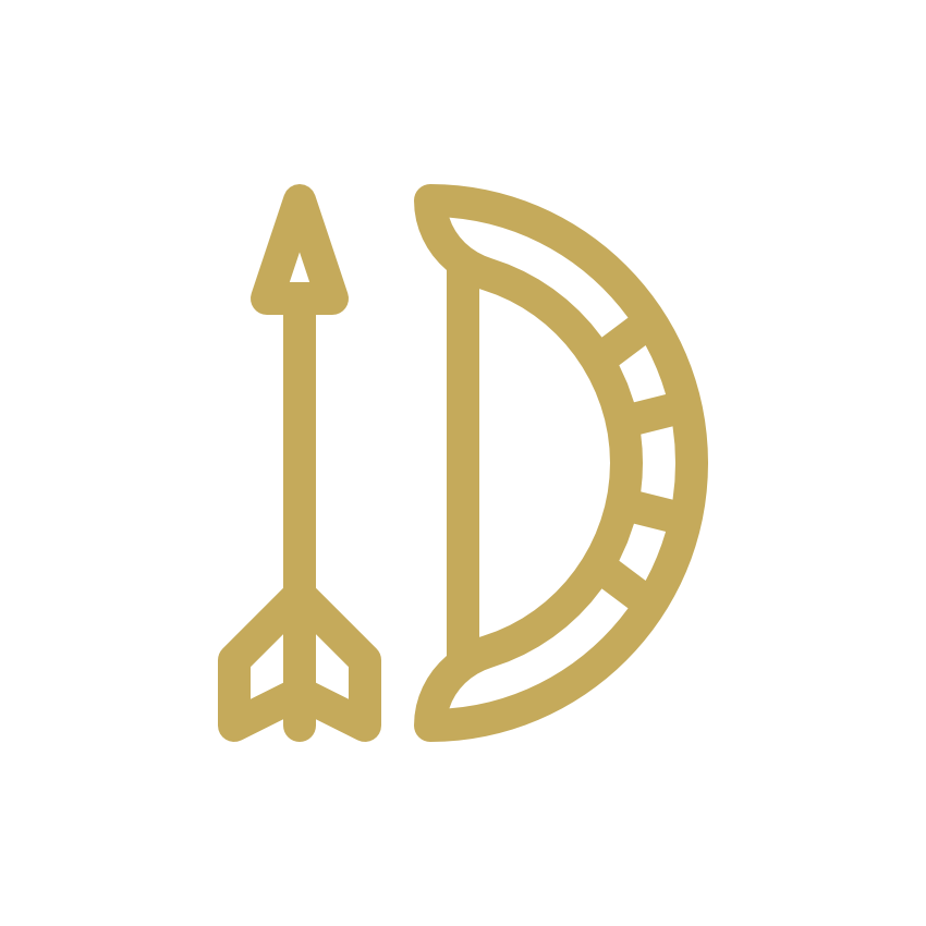 Gold-colored arrow and bow illustration on a black background.