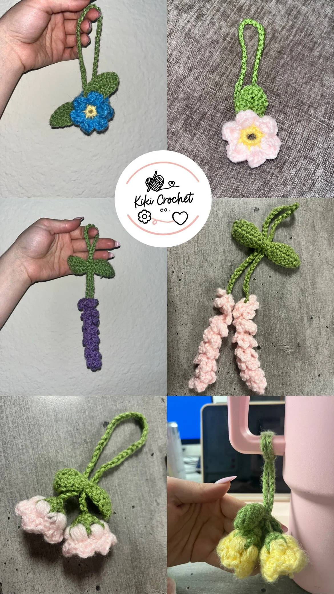 Collection of six crocheted flower and plant keychains in various colors and designs, including pink, yellow, purple, and green.