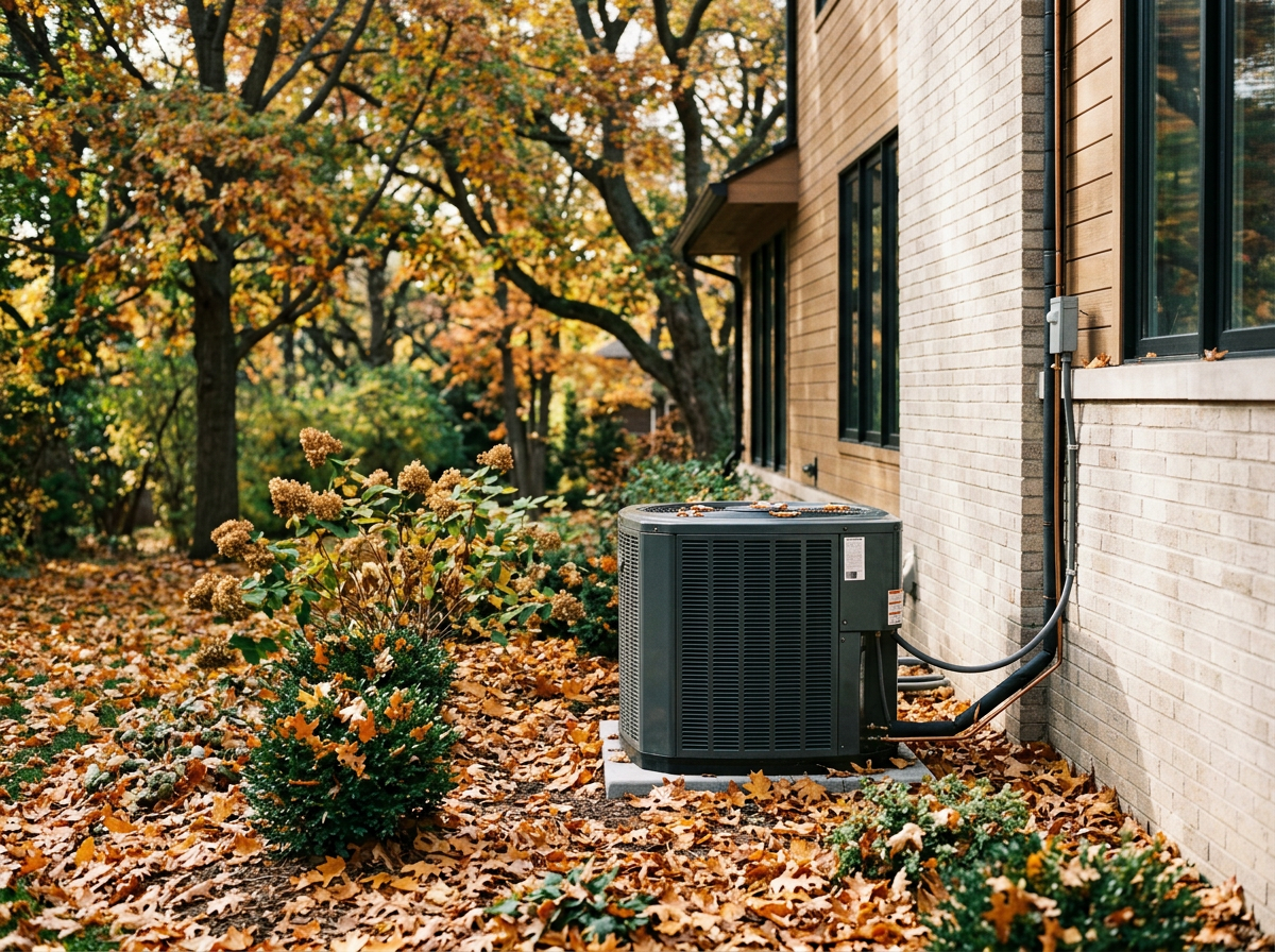 Outside view of a building with an air conditioning unit on the ground surrounded by autumn leaves and bushes, with trees in the background.