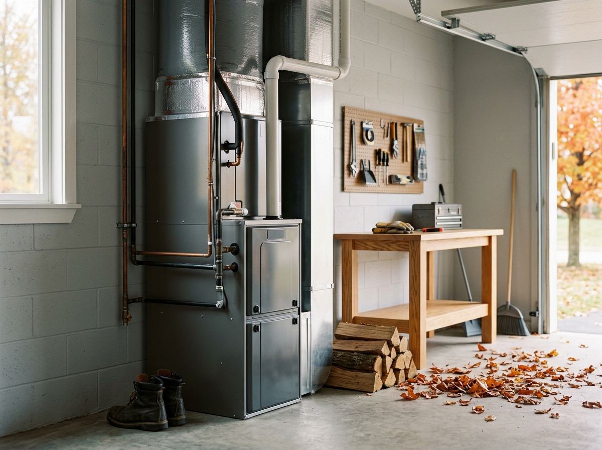 Garage interior with heating unit, workbench, pegboard, and firewood, fall leaves on the floor, open garage door, and window showing autumn trees outside.