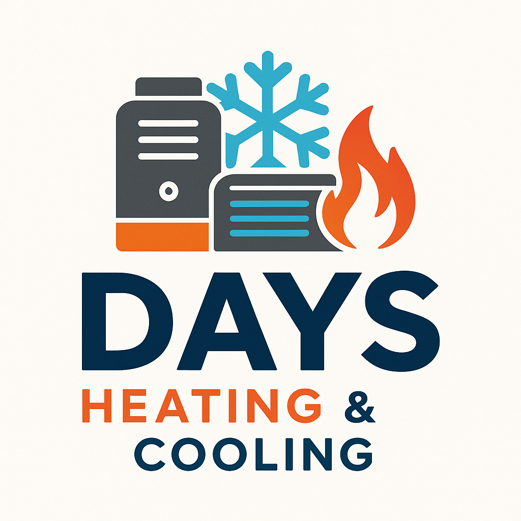 Graphic of a heater, snowflake, and fire with the text "Days Heating & Cooling".