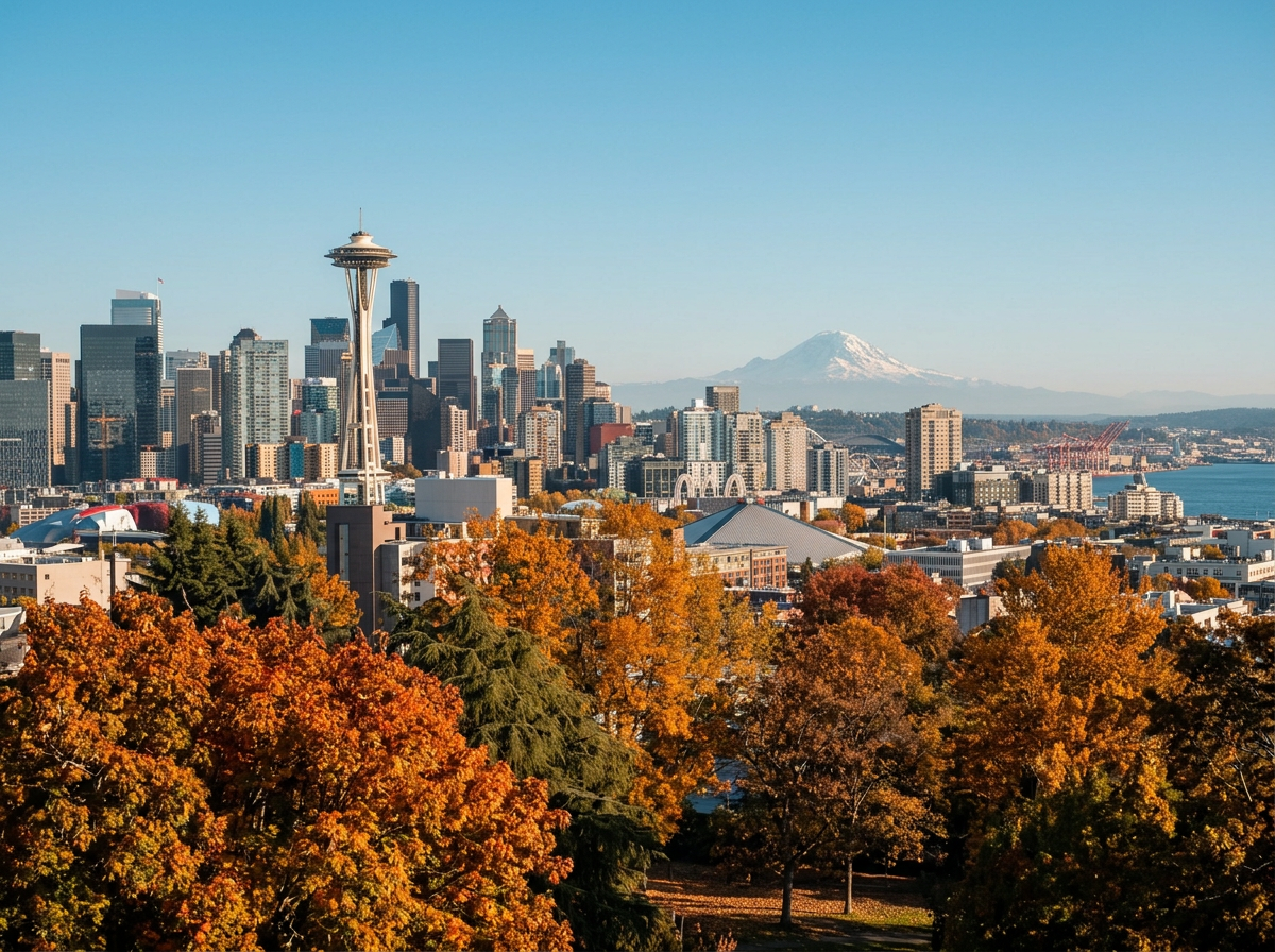 View of downtown Seattle with the Space Needle, city skyline, snow-capped Mount Rainier, and autumn trees in the foreground.