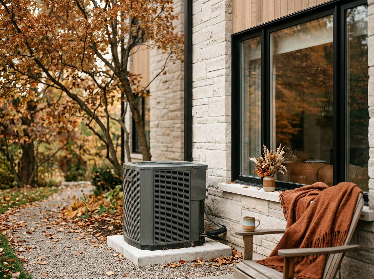 An outdoor sitting area with a wooden chair draped with a brown blanket, a small wooden side table with a mug, a window with a black frame, and an air conditioning unit outside a house with beige brick walls, surrounded by fall foliage.