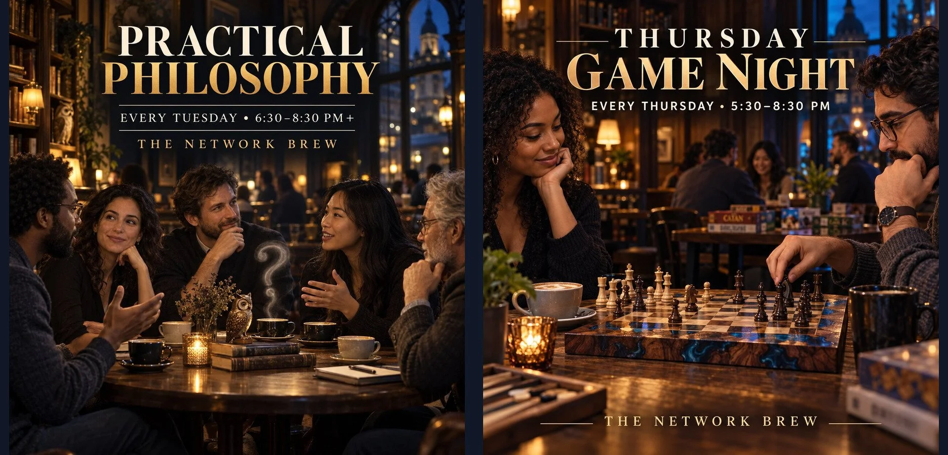 Weekly events at The Network Brew: Practical Philosophy and Thursday Game Night