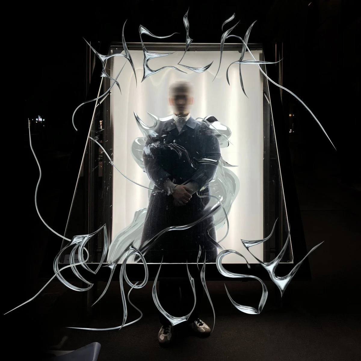 Person standing inside a backlit display with shiny, metallic, twisted text and designs on the glass surface.