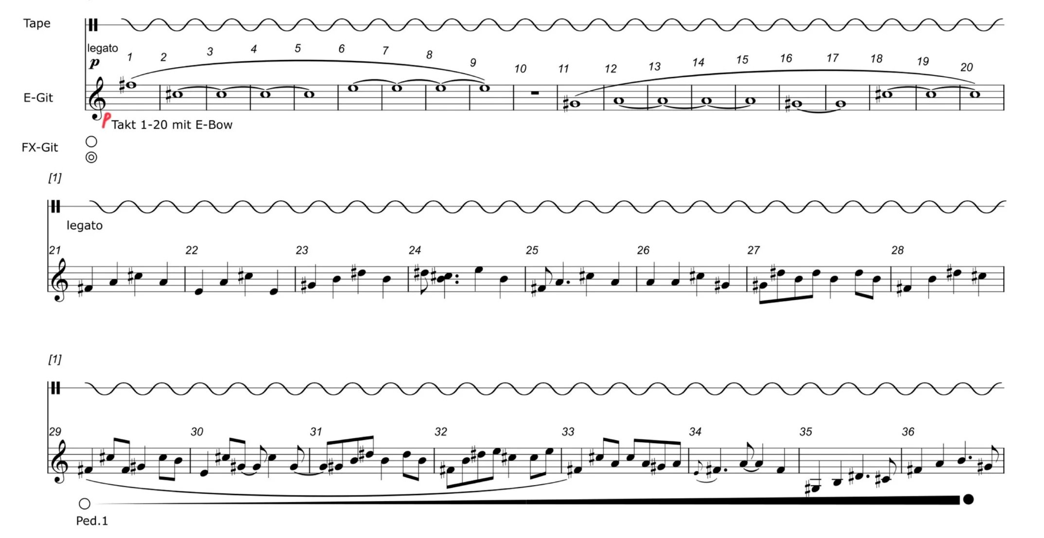 Music sheet with various notes, symbols, and annotations for different guitar techniques and effects.