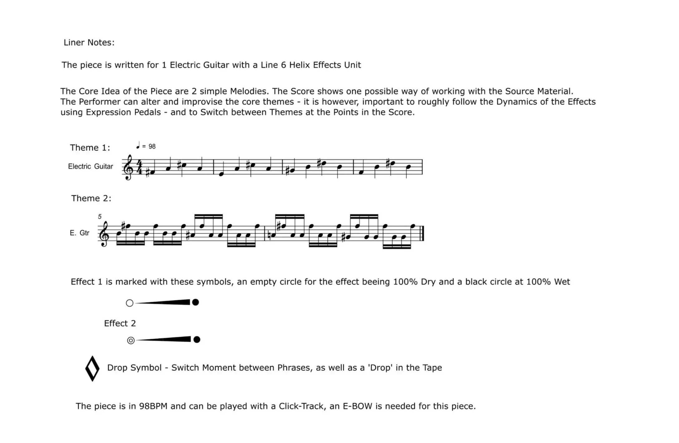 Page with musical notation and text explaining a music piece written for an Electric Guitar with Line 6 Helix Effects. Contains two themes with sheet music, symbols for effects, and instructions for play and switch techniques.