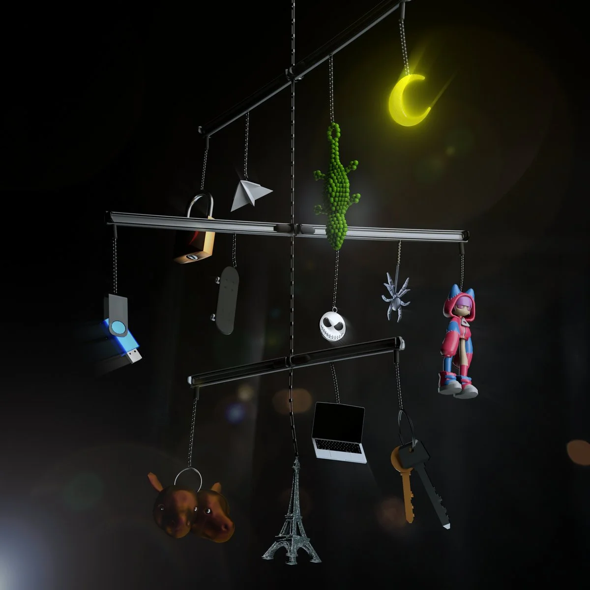 A digital illustration of a modern baby mobile with various hanging toys, including a dinosaur, a moon, a skull, a spider, a robot doll, a laptop, the Eiffel Tower, a key, a USB drive, and a miniature animal head, against a black background with soft lighting.