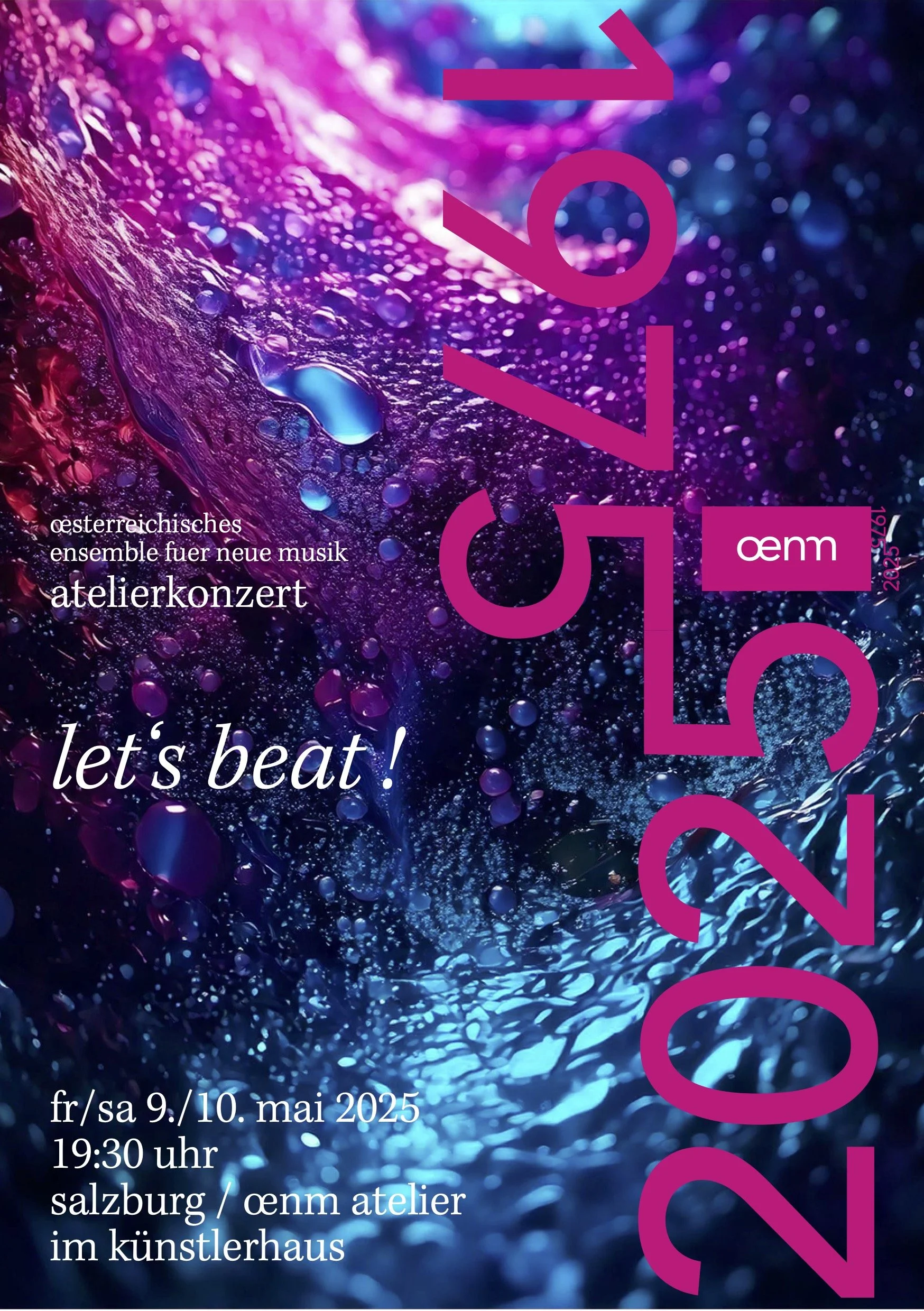 Poster for an Austrian music event called 'atelierkonzert' with the theme 'let's beat!' featuring colorful abstract background with water droplets and text in German and English, including date, time, and location details.