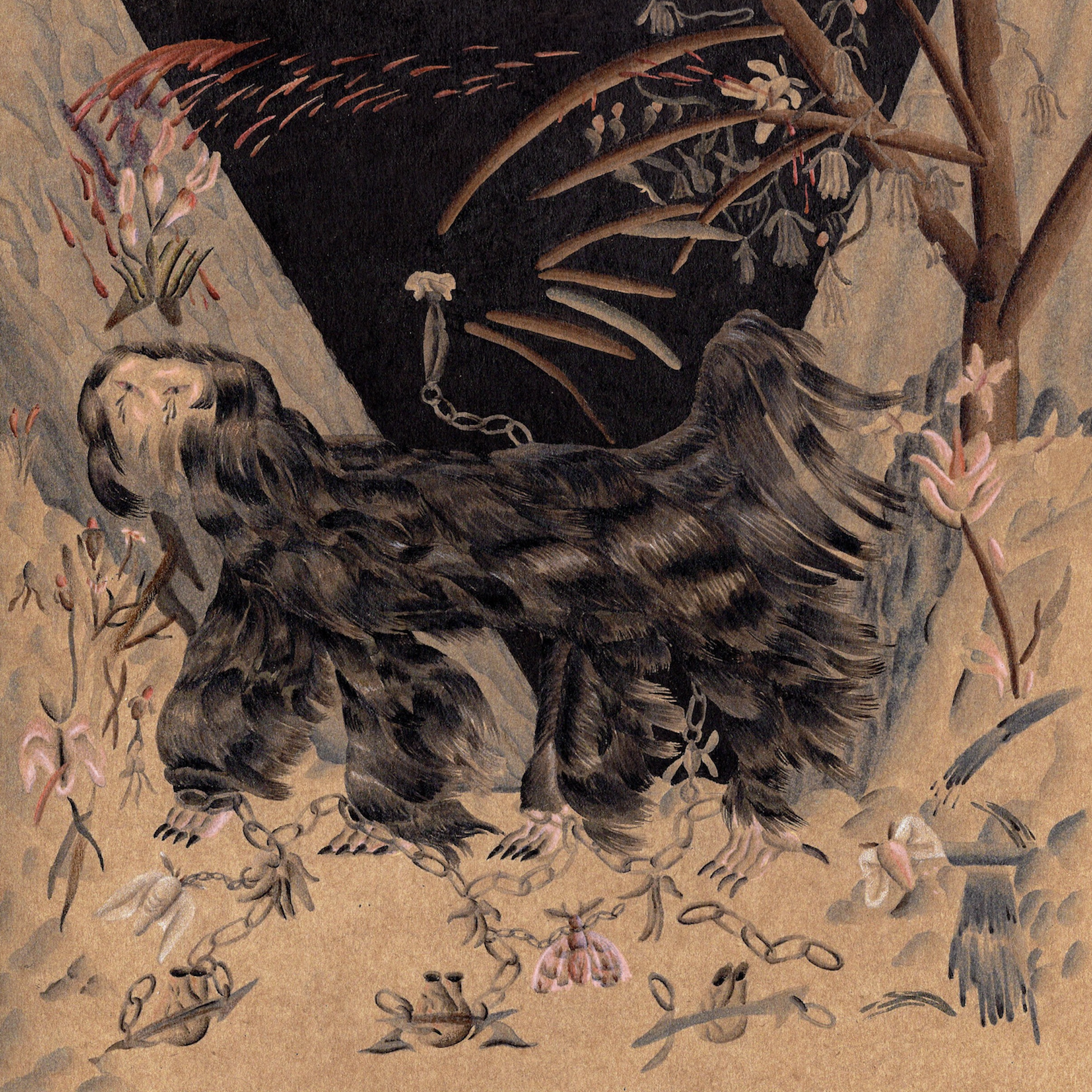 A painting of a chained creature with a bear's body and wings in a forest setting, surrounded by pink flowers and plants.