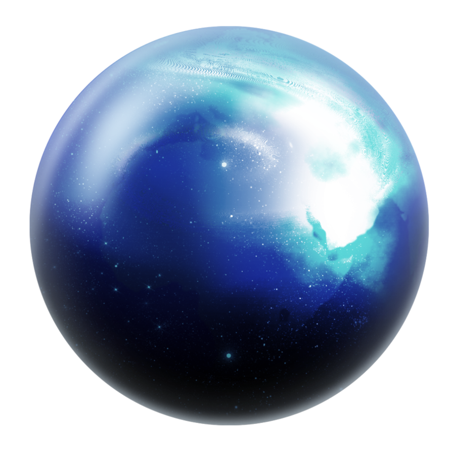 A digital rendering of a glass sphere with a galaxy and stars inside, showing an abstract cosmic scene with bright light and deep blue space.