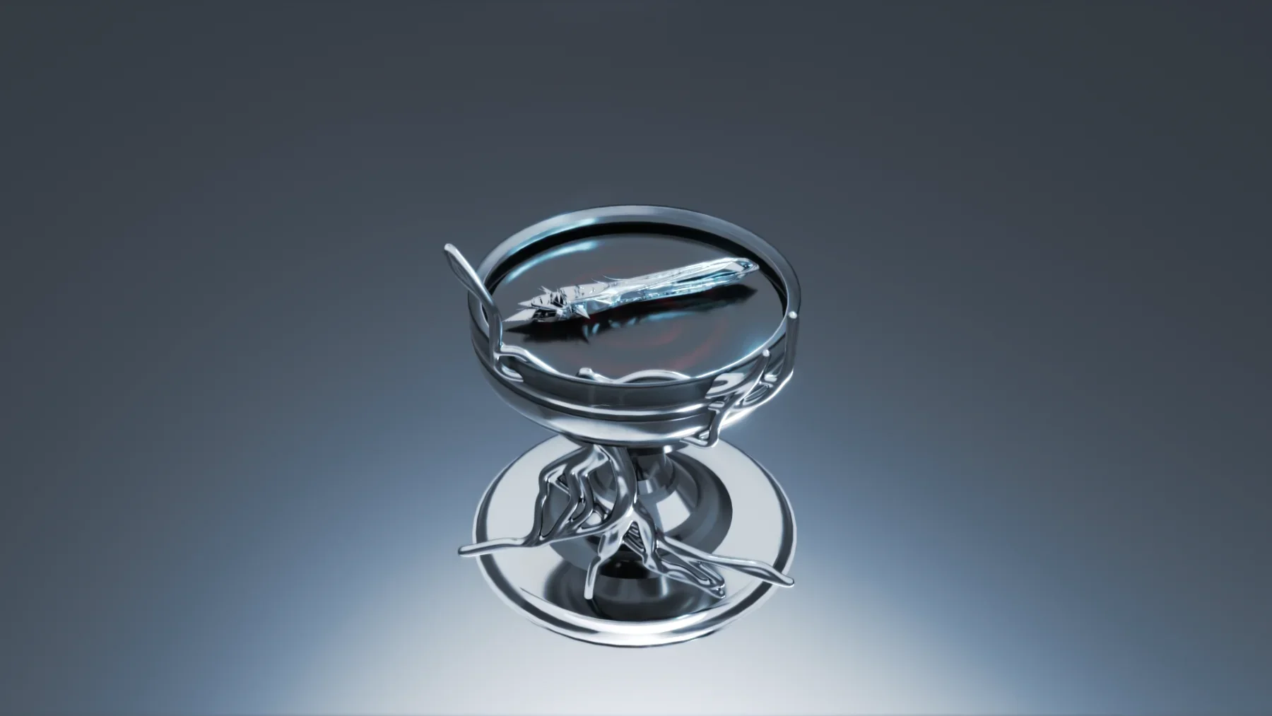 A metallic sculpture of a bird on a circular stand, with a sleek and modern design, displayed on a reflective surface.
