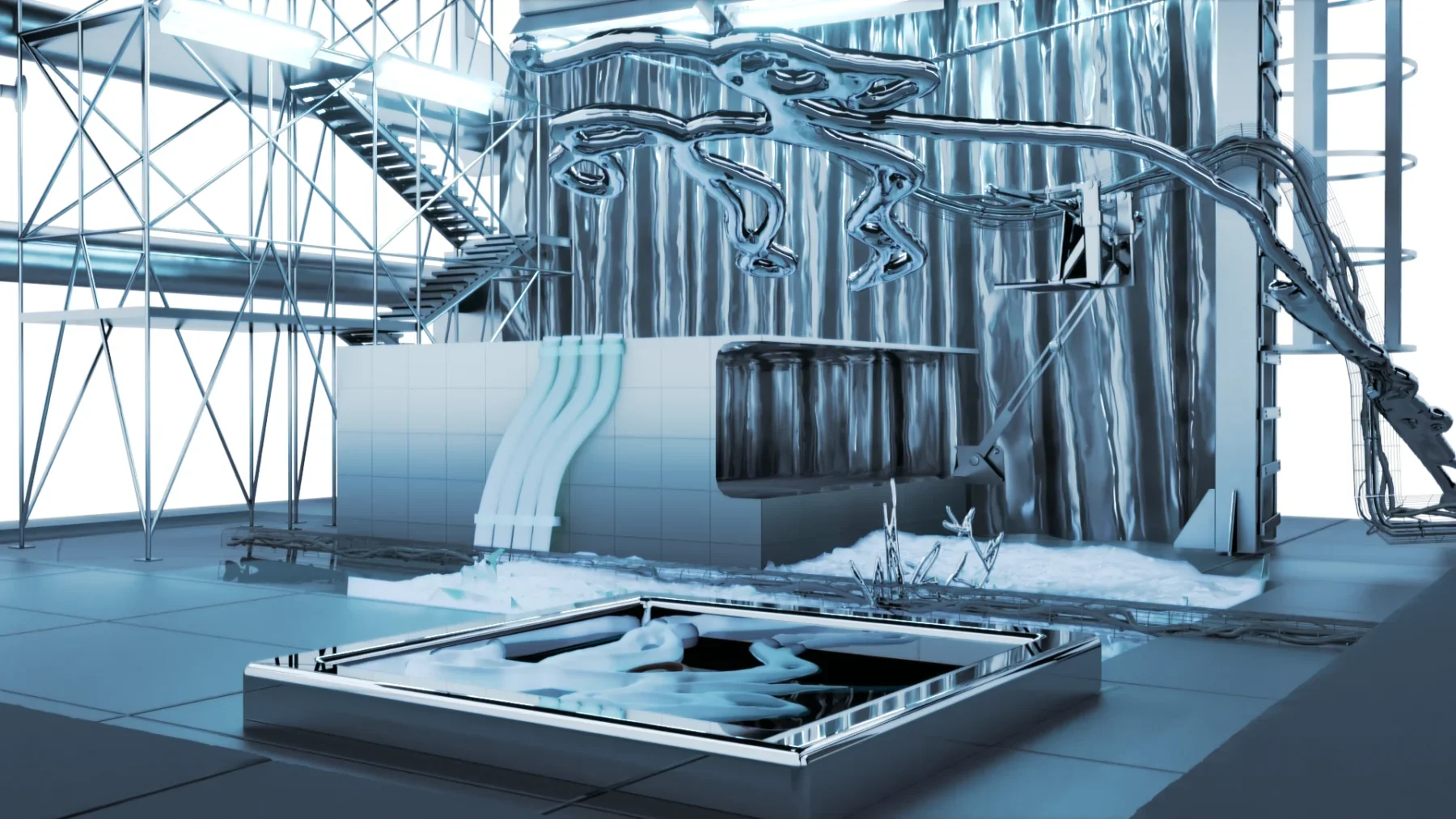 Futuristic indoor water park with metallic surfaces, slides, and waterfalls, featuring a large sliding tube, a hot tub, and water running on a tiled floor, with metal scaffolding and staircase structures.