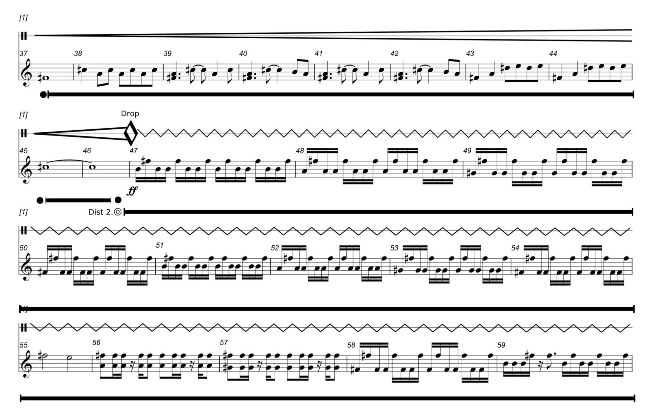 A sheet of music with musical notation, including notes, rests, sharp symbols, and dynamic markings.