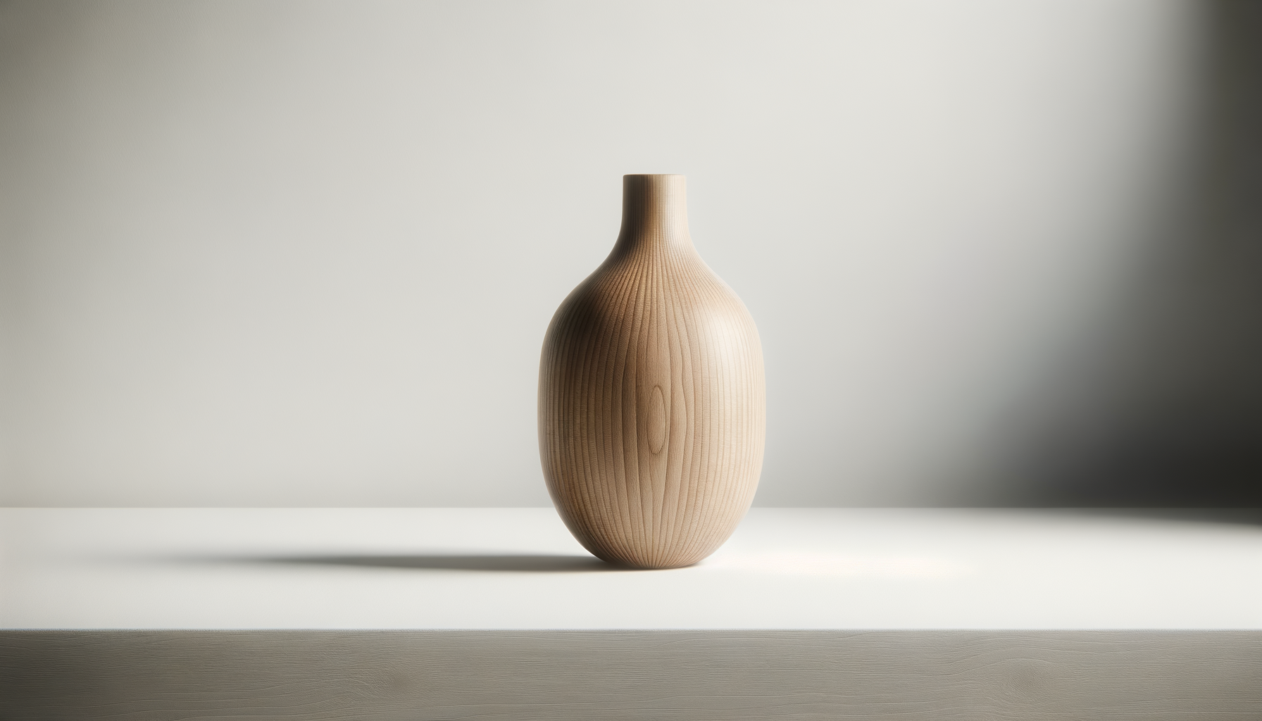 A light-colored wooden vase with a smooth, curved shape placed on a white surface against a softly lit background.