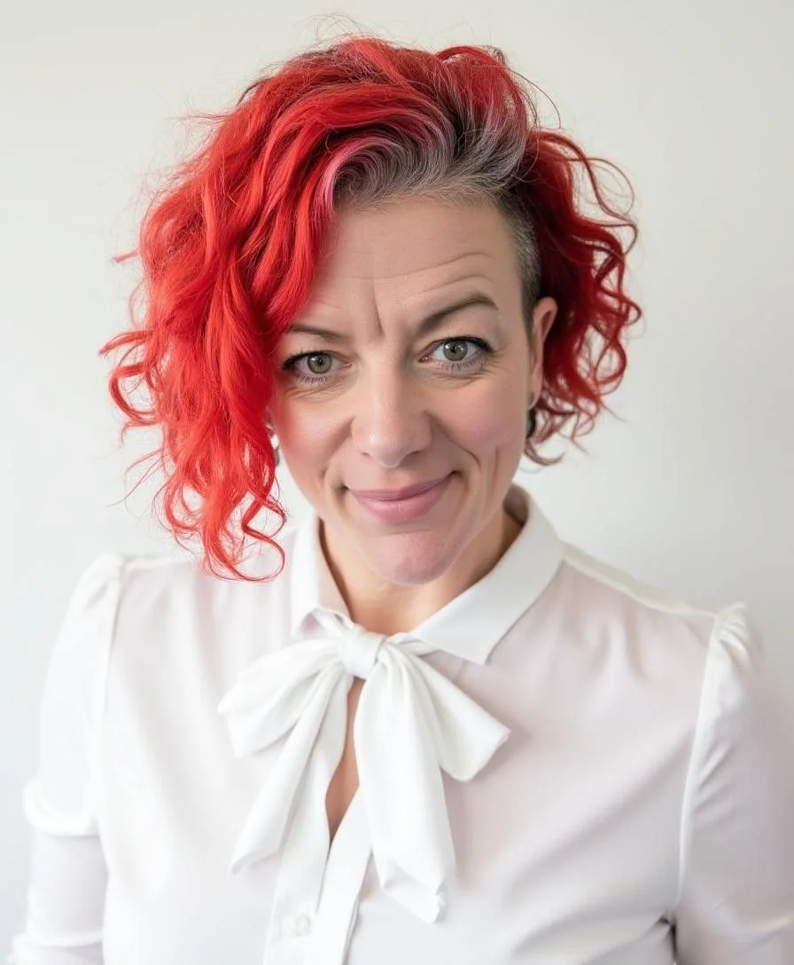 A woman with short, curly red hair and light skin, smiling