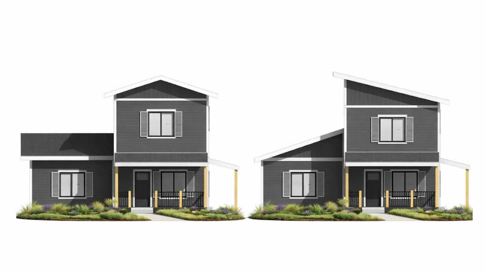Drawing of two modern multi-story houses with dark exterior, porches, and sloped roofs, surrounded by landscaped yards with grass and shrubs.