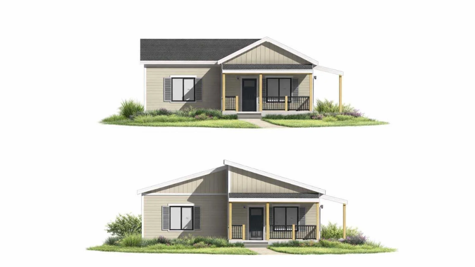 Two architectural drawings of a modern house, front and side views, with a porch, windows, shrubs, and a pitched roof.