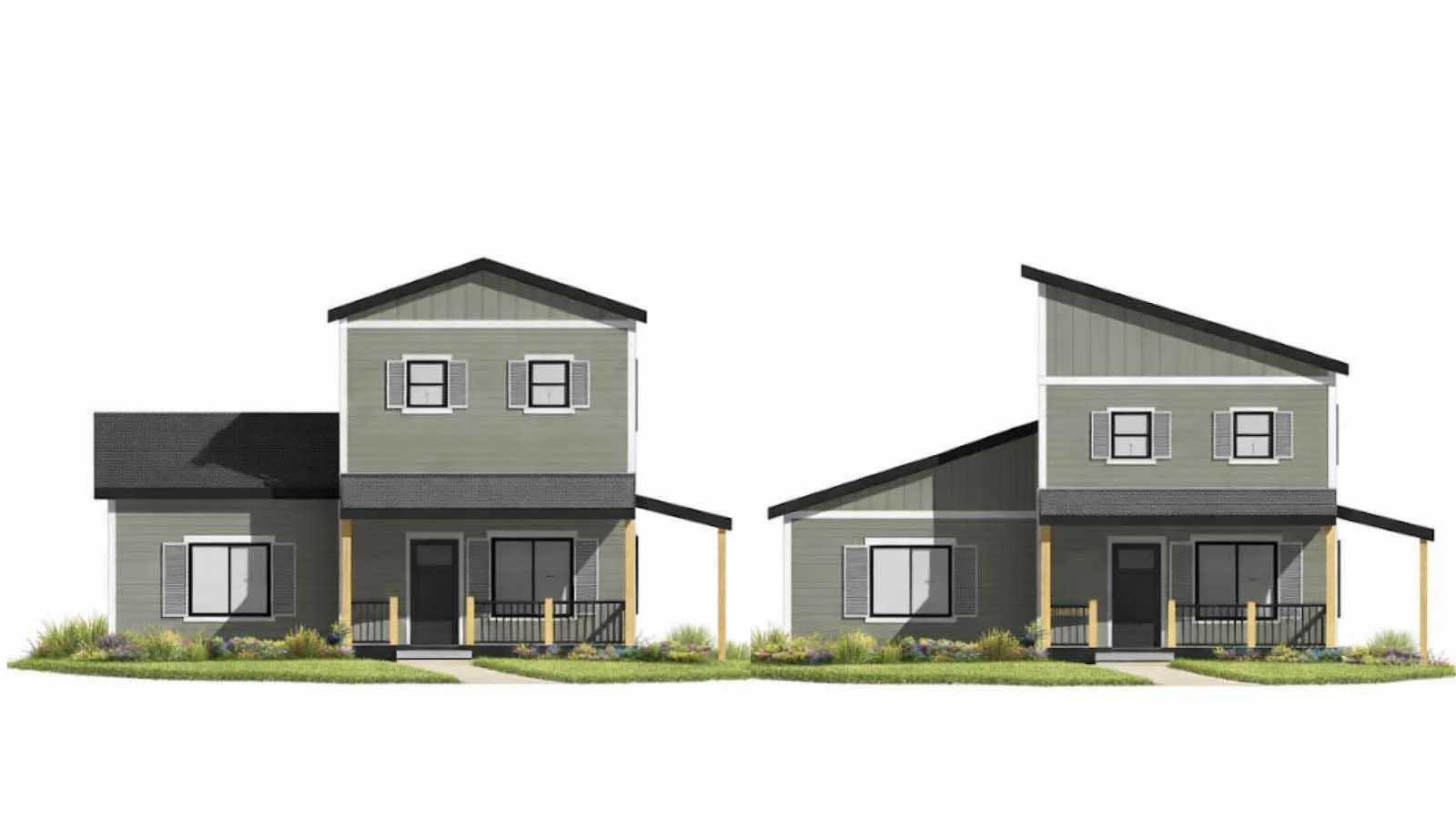 Two modern two-story houses with gray siding, black roofs, small front porches, and landscaped yards, featuring a mix of horizontal and vertical rooflines.