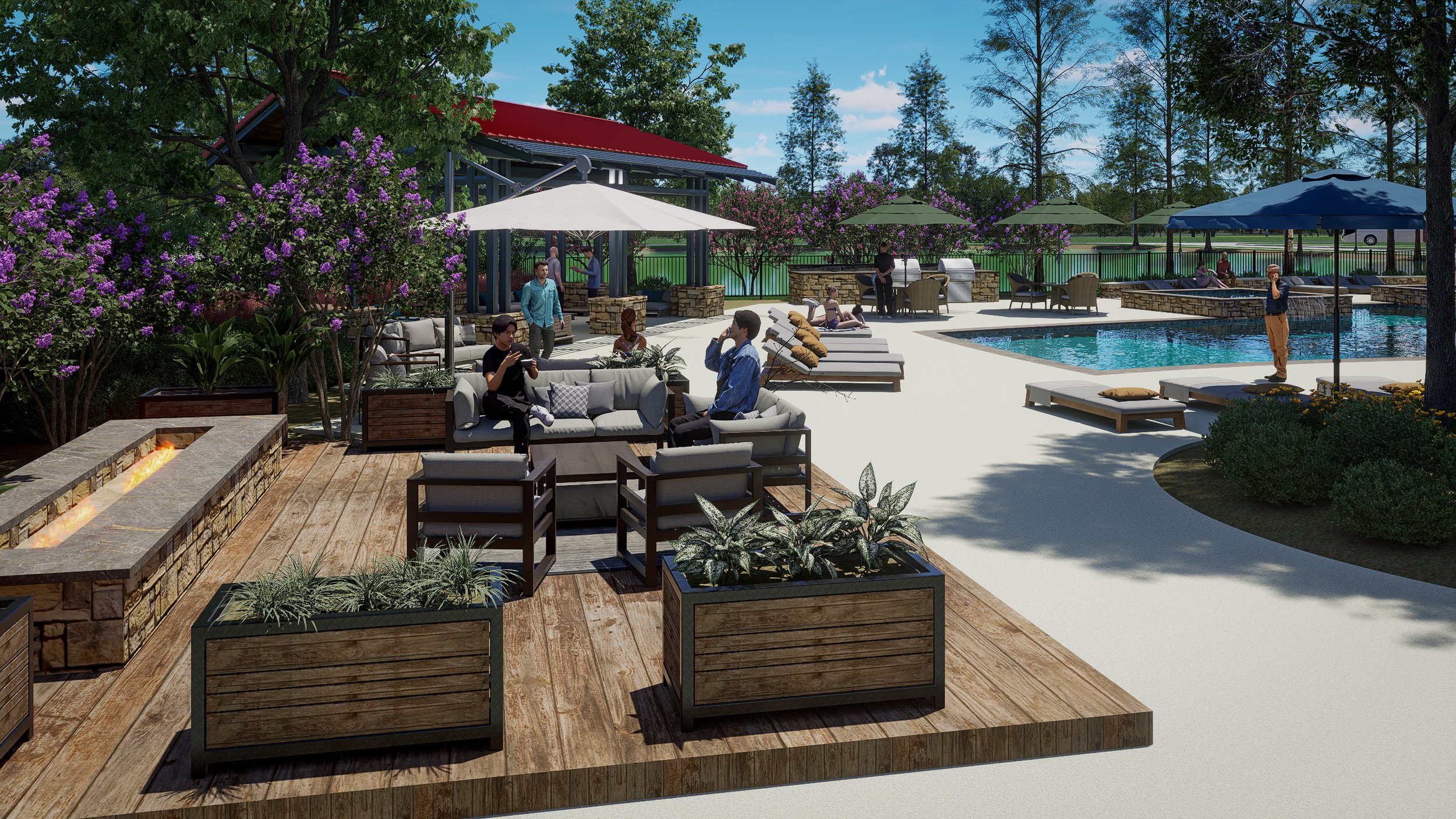 People relaxing and socializing by a swimming pool at a resort or residential community with seating areas, umbrellas, plants, trees, and a fire feature on a sunny day.