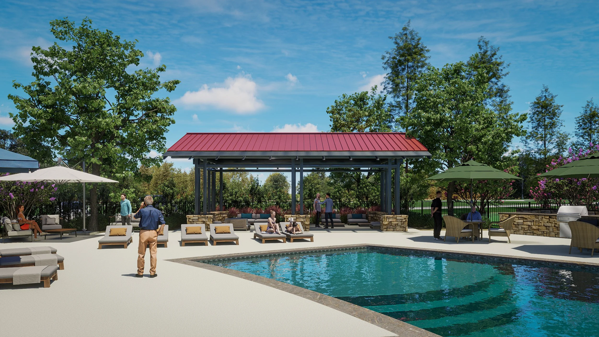 A swimming pool area with lounge chairs, umbrellas, and a shaded pavilion surrounded by trees and people relaxing or socializing.