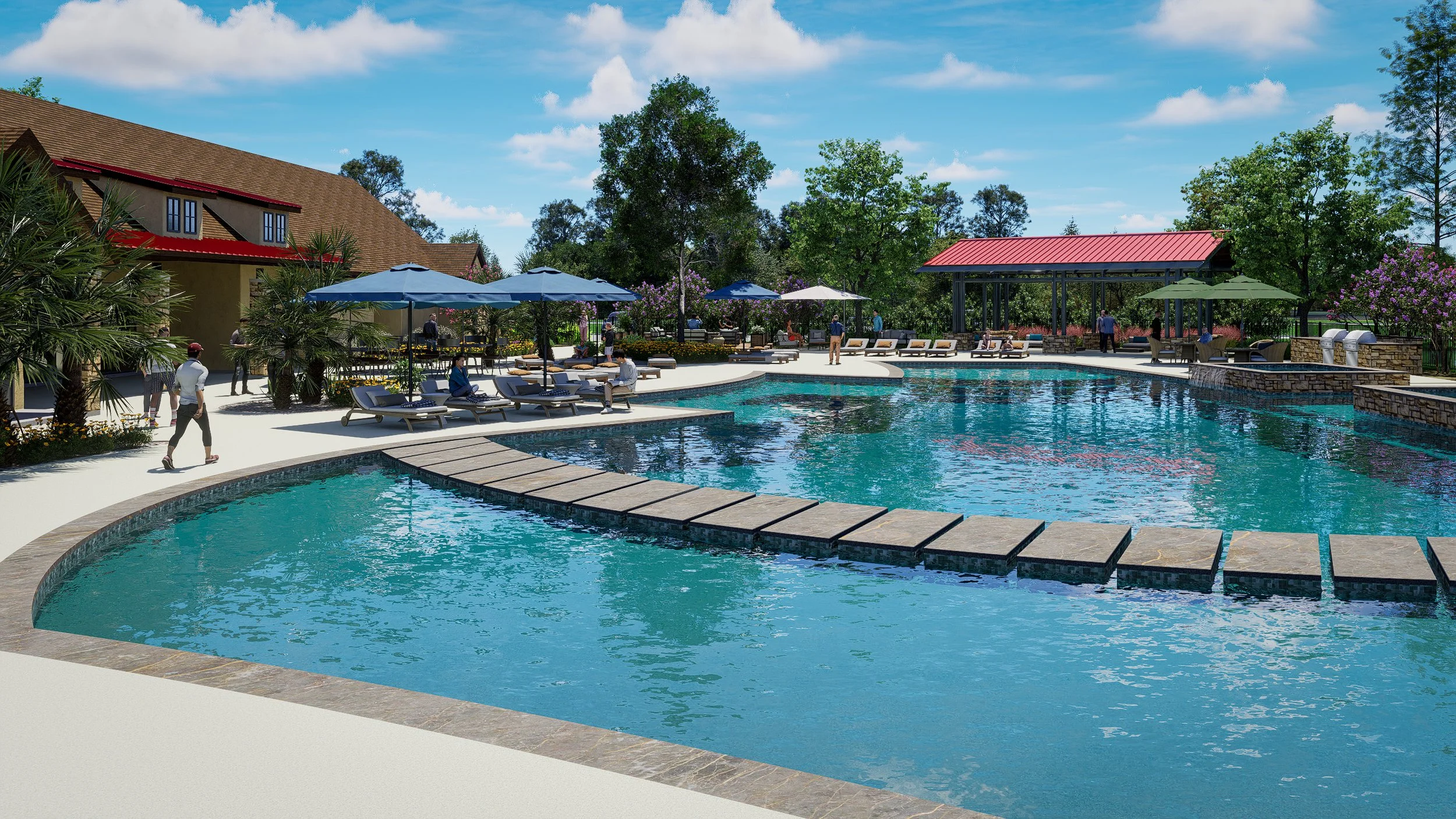 Luxury residential swimming pool with a stone bridge, surrounded by lounge chairs with umbrellas, trees, and a clubhouse in the background under a blue sky.
