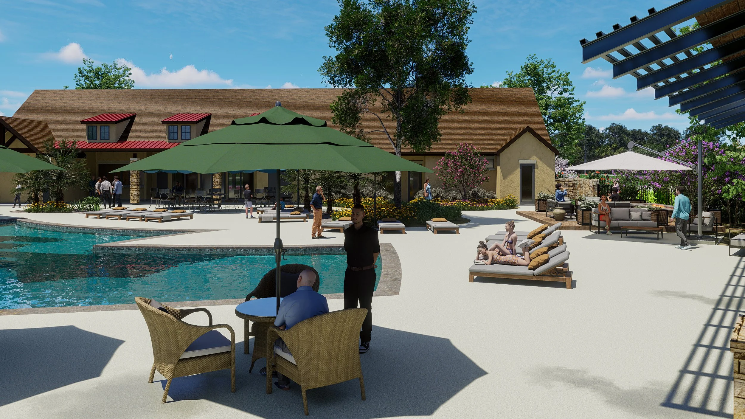 People relaxing by a swimming pool with lounge chairs, umbrellas, and a patio area with outdoor furniture, trees, and a building in the background on a sunny day.