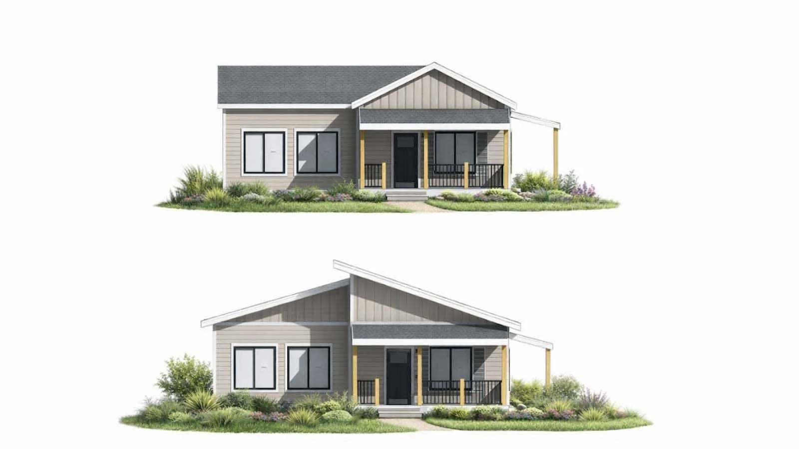 Two architectural renderings of a single-story house with a front porch, grass, shrubs, and flowering plants.
