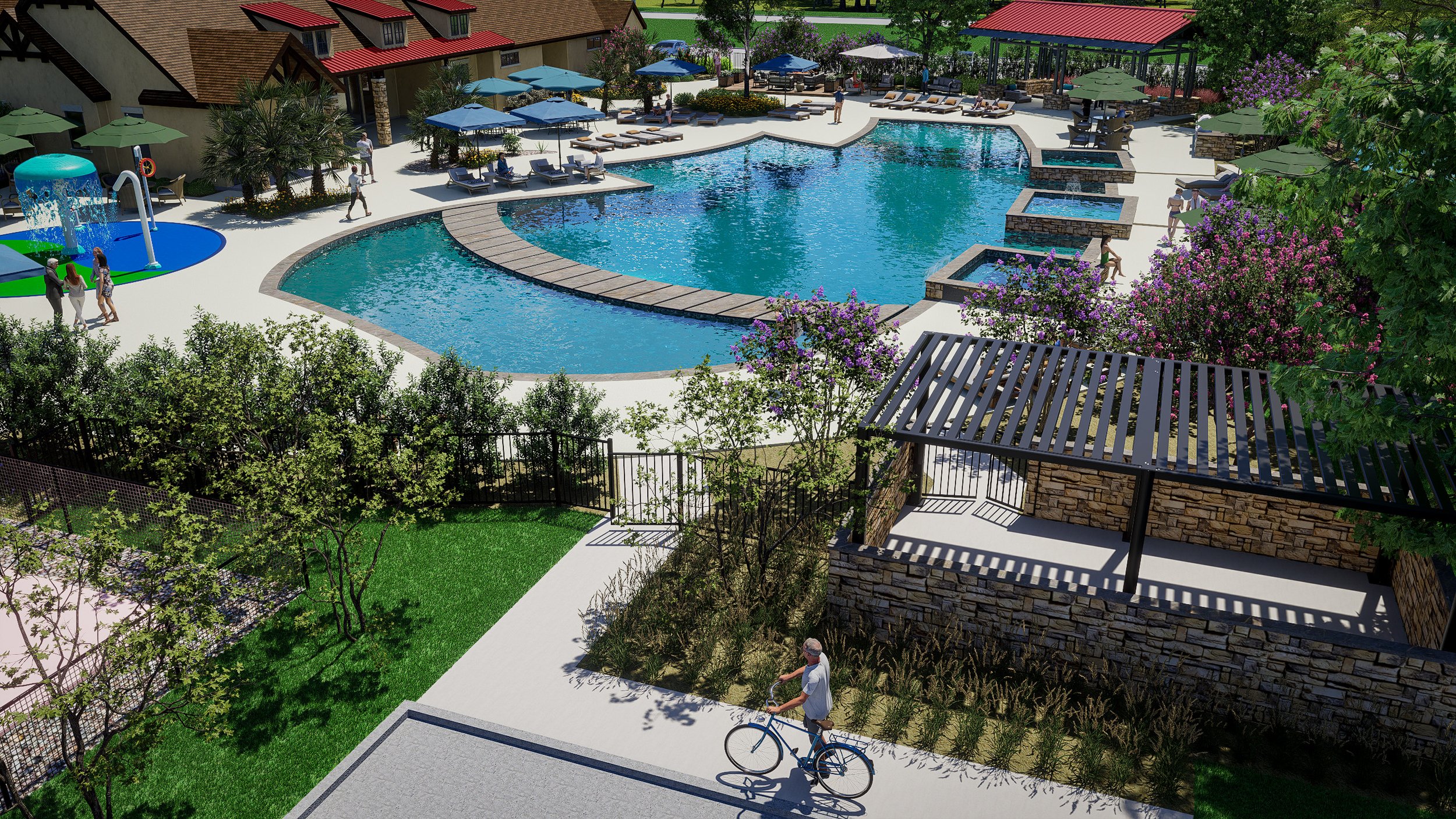 A large outdoor swimming pool area with lounge chairs, umbrellas, and a shaded pavilion. There are a few people around, some swimming and others relaxing. The scene includes landscaped greenery, trees, and flowering bushes. A person is riding a bicyc