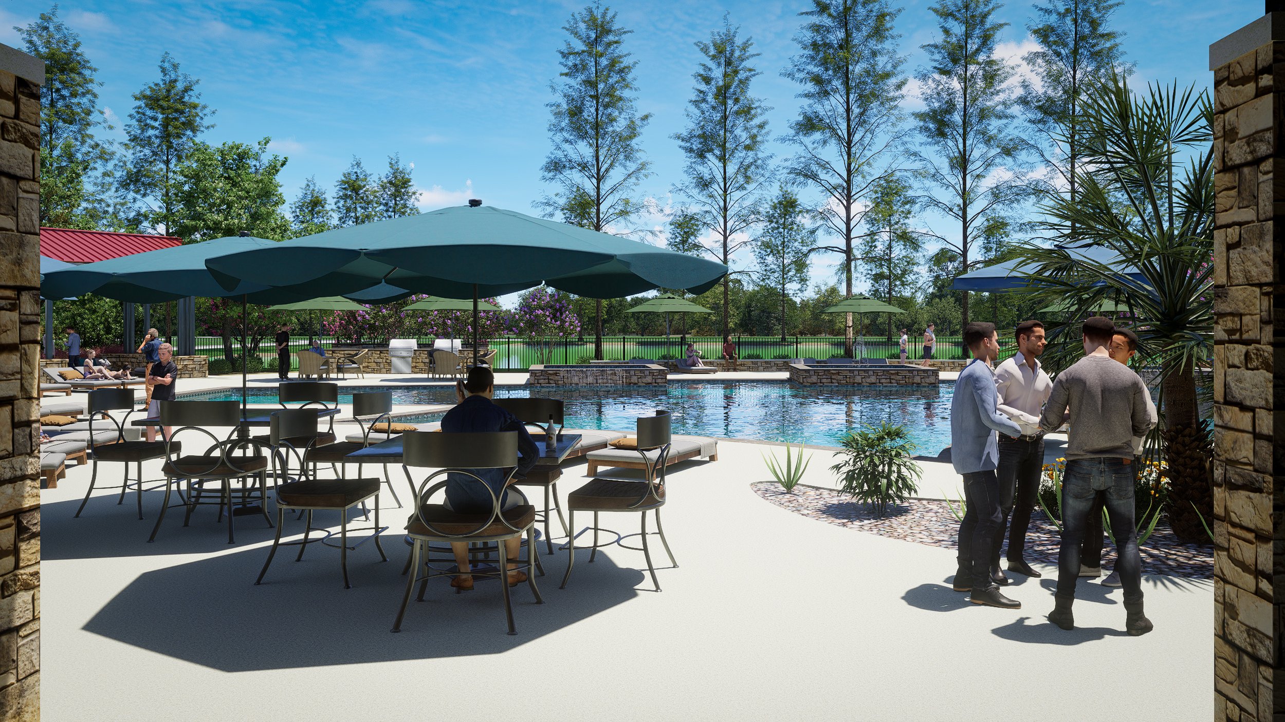 People relaxing and socializing at a poolside area with umbrellas, lounge chairs, and trees in the background.