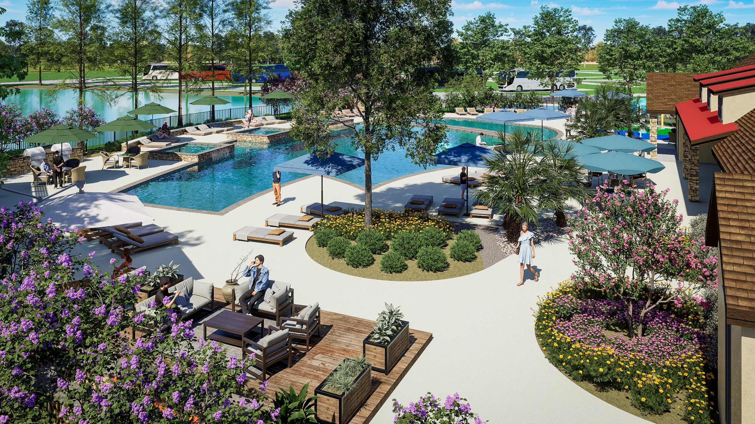 A luxurious outdoor swimming pool area with lounge chairs, umbrellas, and lush flowering trees, set against a backdrop of greenery and a calm lake.