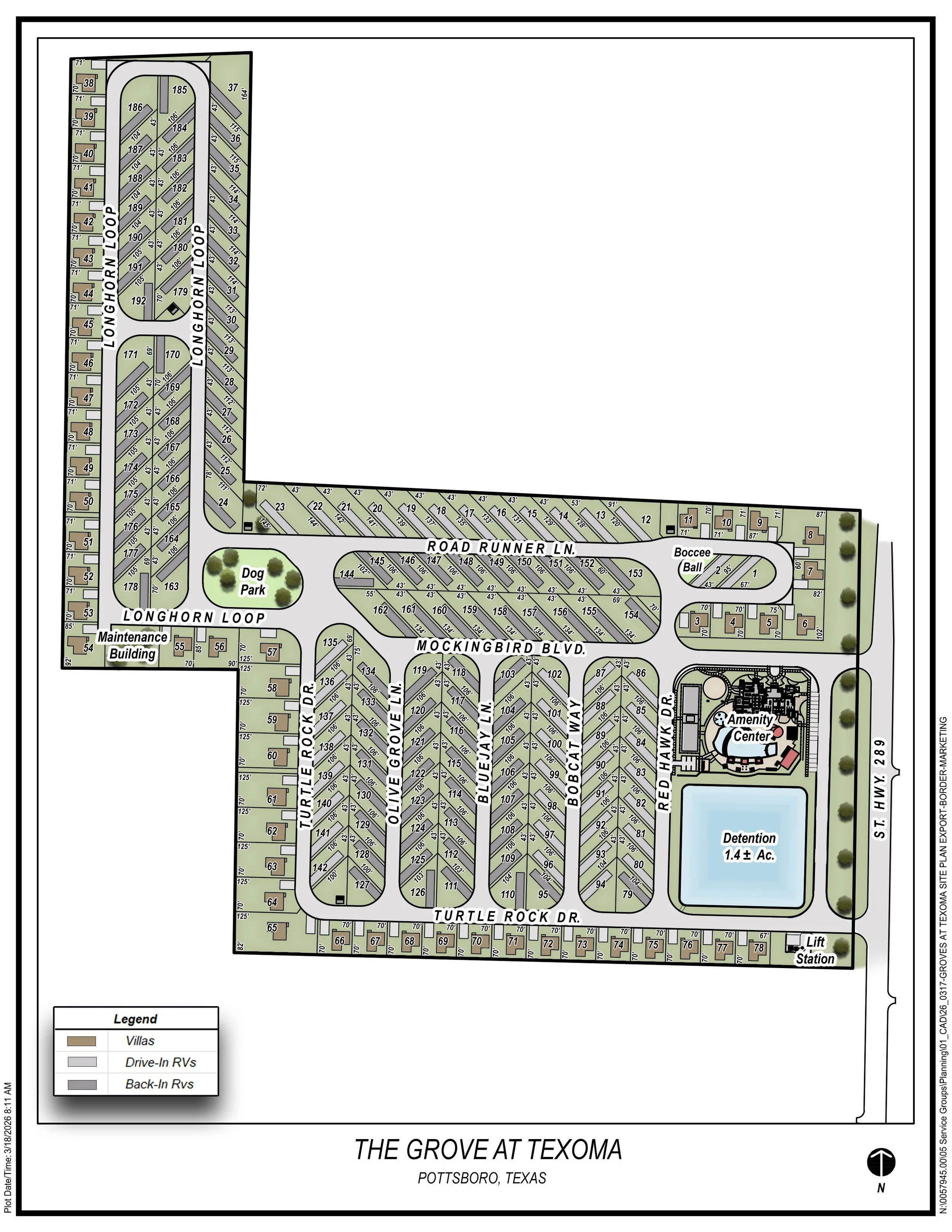 Map of The Grove at Texoma campground in Pottsboro, Texas, showing residential lots, amenities including a dog park, detention pond, amenity center, and lift station, with roads and lot numbers.