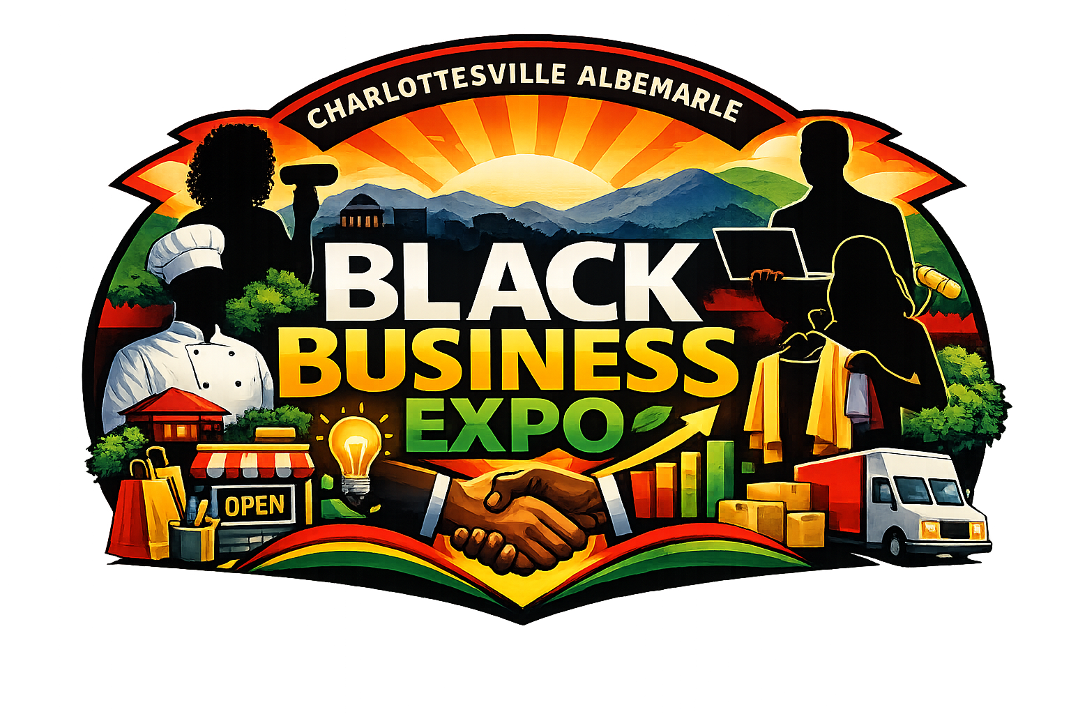 Black Business Expo logo with silhouettes of diverse professionals, a chef, a person with a laptop, a handshake, and illustrative business elements such as a light bulb, packages, and a delivery van, set against a mountain sunrise background.